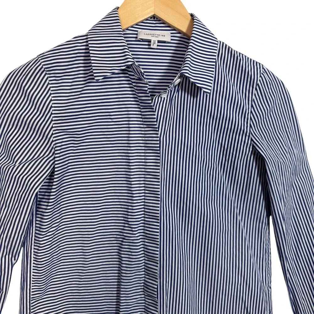 Lafayette 148 Womens‎ Shirt XXS Button Down Long Sleeve Striped Blue Tailored - Picture 2 of 9